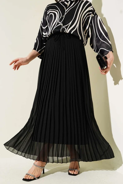 Bel Lastikli Sık Pileli Şifon Etek Siyah