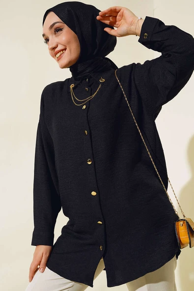 Yakası Kolyeli Gömlek Siyah ürün görseli 1