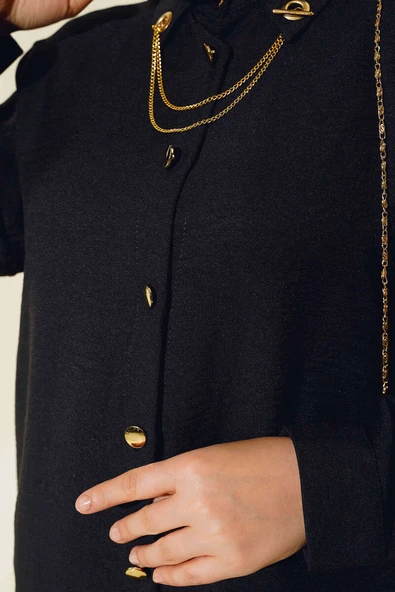 Yakası Kolyeli Gömlek Siyah - Resim 4