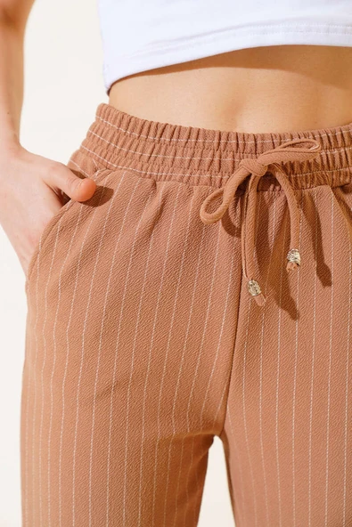 Çizgili Bel Lastikli Pantolon Latte - Resim 4