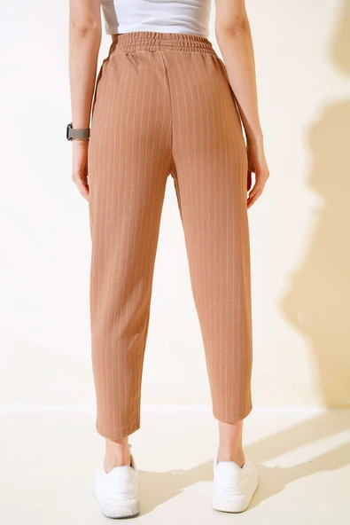 Çizgili Bel Lastikli Pantolon Latte - Resim 3