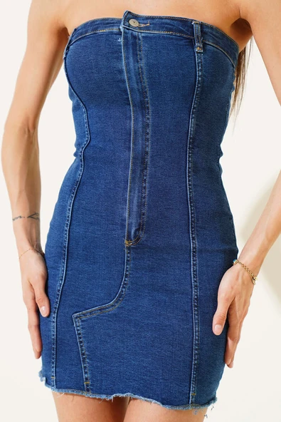 Önü Yarım Fermuarlı Kısa Kot Elbise Kot - Resim 4