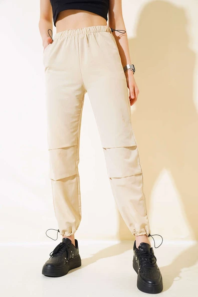 Bel Ve Paça Lastikli Paraşüt Pantolon Bej - Resim 2