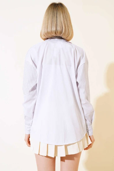 Çift Renkli Çizgili Gömlek Bej - 3