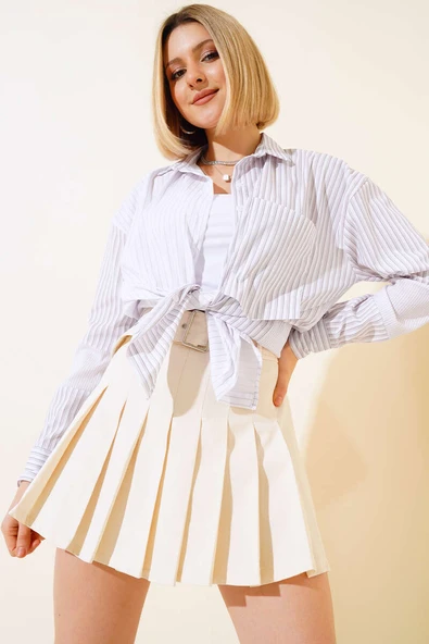 Çift Renkli Çizgili Gömlek Bej - 2