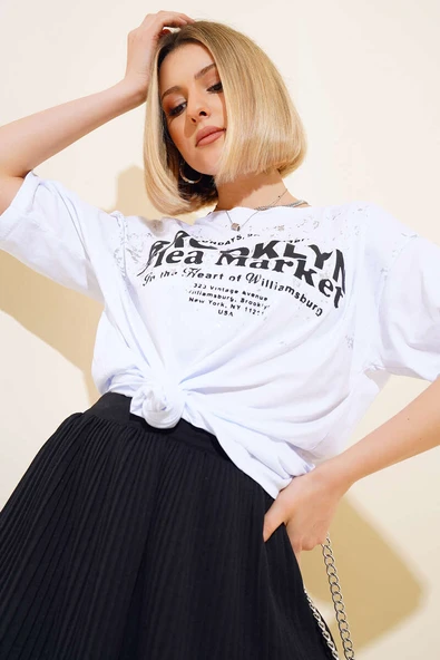 Broklyn Baskılı T-shirt Beyaz ürün görseli 1