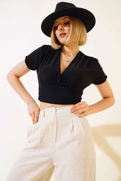 V Yaka Likralı Crop Siyah - Resim 2