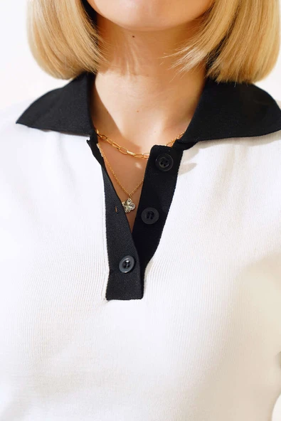 Düğmeli Polo Yaka Body Beyaz - Resim 4