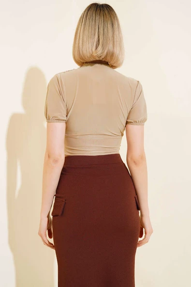 V Yaka Likralı Crop Bej - Resim 3