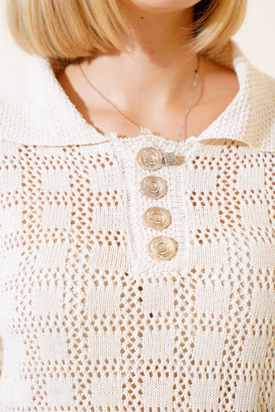 Düğmeli Polo Yaka Kazak Bej - 4