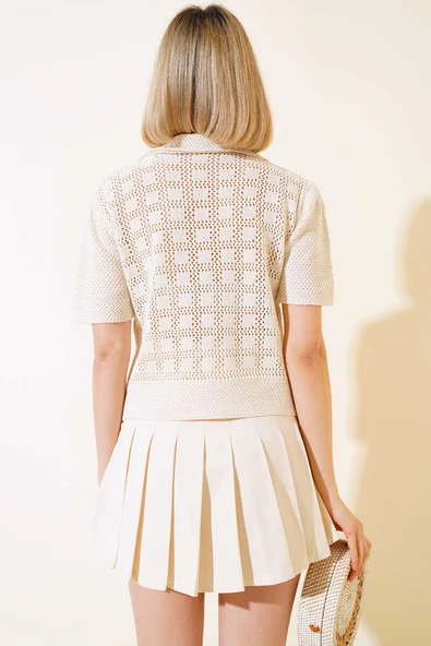 Düğmeli Polo Yaka Kazak Bej - 3