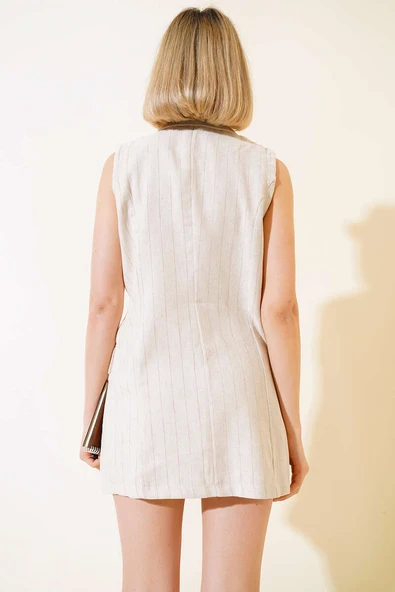 Çizgili Keten Yelekli İkili Takım Bej - Resim 3