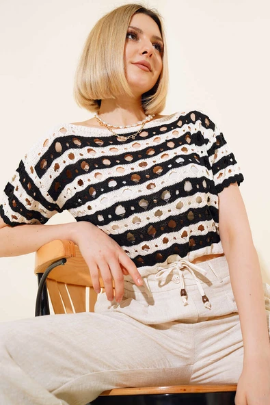 Çizgili Örgü Crop Bej