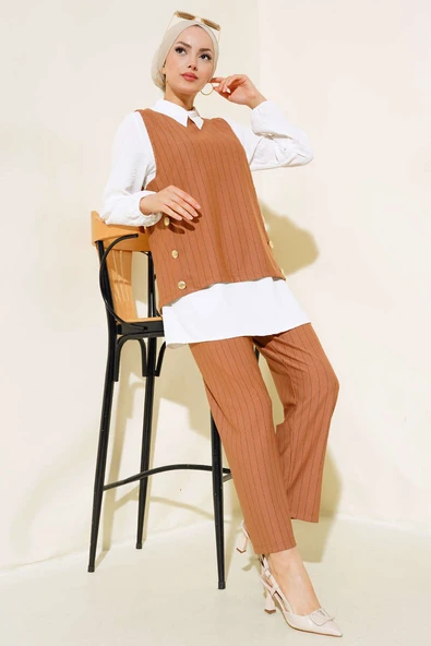 Çizgili Üçlü Takım Camel ürün görseli 1