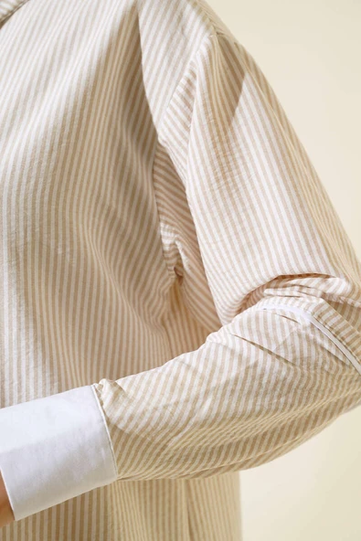 Manşet Detaylı Çizgili Tunik Latte - Resim 4