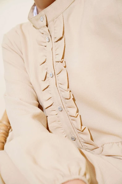 Taş Düğmeli Fırfırlı Elbise Bej - Resim 4