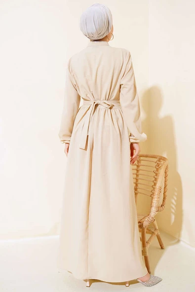 Taş Düğmeli Fırfırlı Elbise Bej - Resim 3