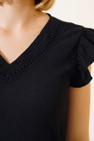 Dantel Detaylı Bluz Siyah - Resim 4