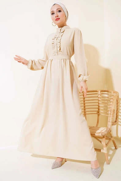 Taş Düğmeli Fırfırlı Elbise Bej - Resim 2