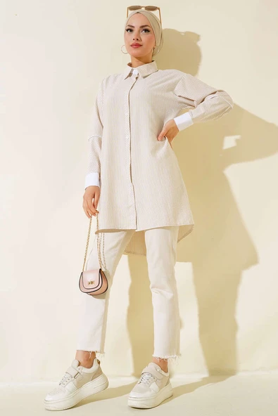 Manşet Detaylı Çizgili Tunik Latte - Resim 2