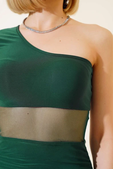 Düşük Omuzlu Beli Tül Elbise Zümrüt Yeşili - Resim 4