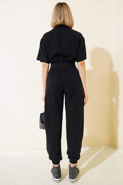 Kuşaklı Gömlek Yaka Kot Tulum Siyah - 3