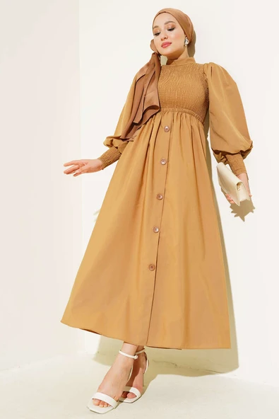 Önü Gipeli Elbise Camel