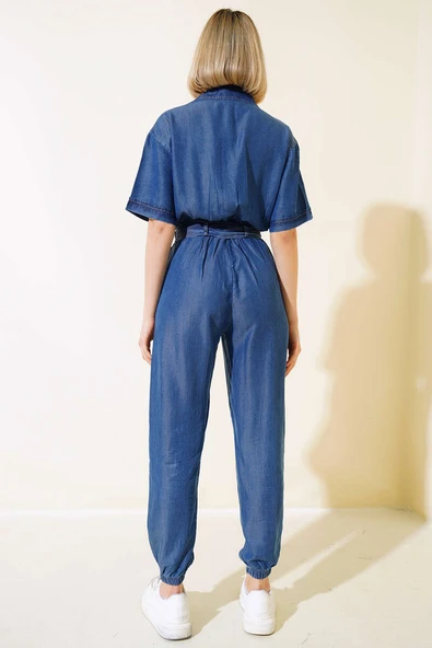 Kuşaklı Gömlek Yaka Kot Tulum Orta Mavi - 3