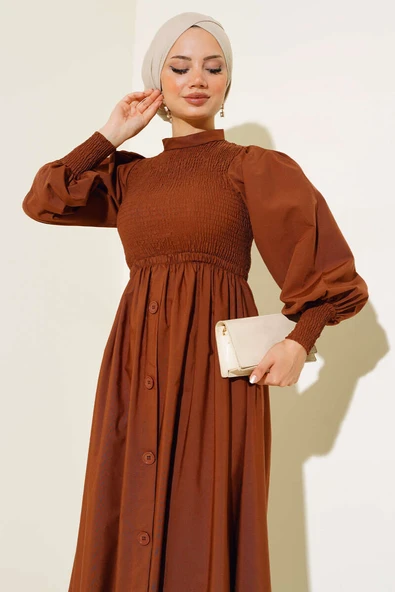 Önü Gipeli Elbise Kahve - Resim 2