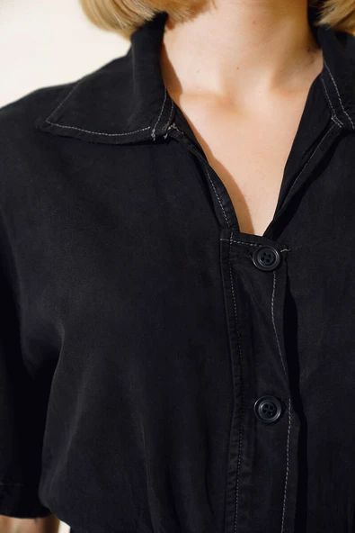 Kuşaklı Gömlek Yaka Kot Tulum Siyah - 4