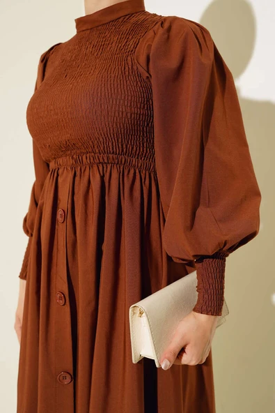 Önü Gipeli Elbise Kahve - Resim 4