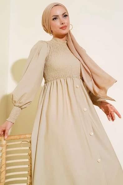 Önü Gipeli Elbise Bej - Resim 2