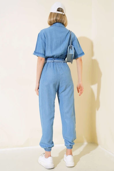 Kuşaklı Gömlek Yaka Kot Tulum Açık Mavi - 3