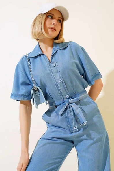 Kuşaklı Gömlek Yaka Kot Tulum Açık Mavi - 2