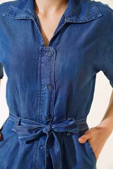 Kuşaklı Gömlek Yaka Kot Tulum Orta Mavi - 4