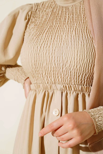 Önü Gipeli Elbise Bej - Resim 4