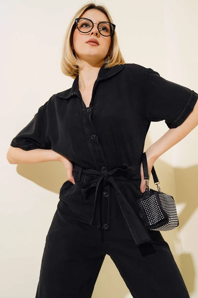 Kuşaklı Gömlek Yaka Kot Tulum Siyah - 2