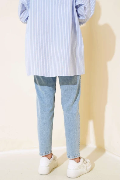 Dar Paça Mom Jean Kot Pantolon Açık Mavi - 3