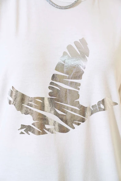 Kuş Baskılı T-Shirt Beyaz - Resim 4