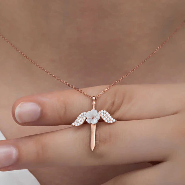 925 Ayar Gümüş Manolya Çiçeği Melek Kadın Kolye - Resim 3