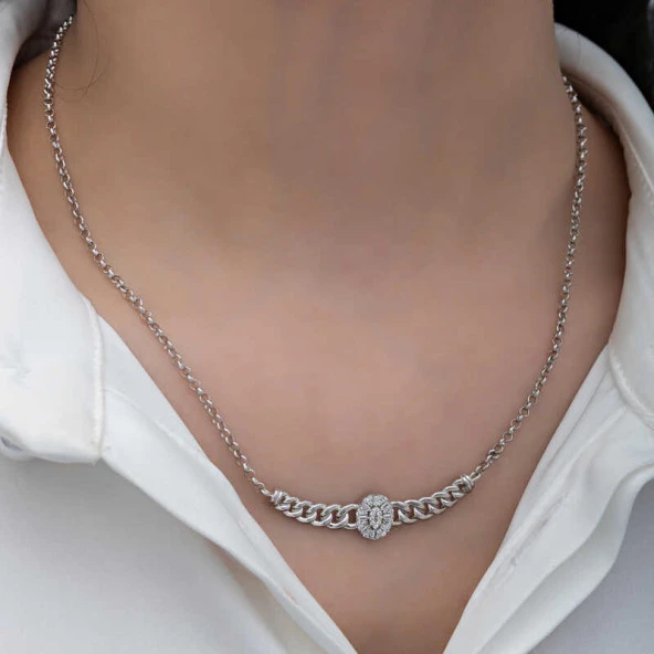 Gümüş Gurmet Zincirli Oval Baget Taşlı Kadın Kolye - Resim 2