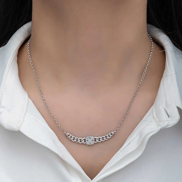 Gümüş Gurmet Zincirli Kare Baget Taşlı Kadın Kolye ürün görseli 1