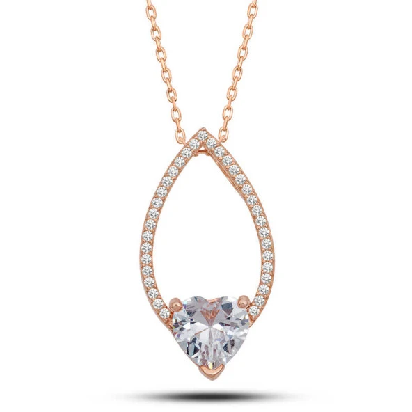 Gümüş Rose Kalp Beyaz Taşlı Damla Kadın Kolye ürün görseli 1