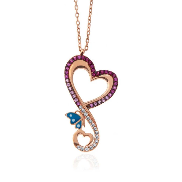 Gümüş Rose Kalpli Kelebek Kadın Kolye - Resim 2