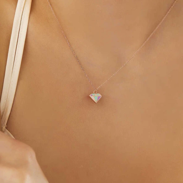 925 Ayar Gümüş Rose Renkli Elmas Kadın Kolye - Resim 2