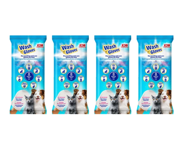 Biopetactive Wash Gloves (Evcil Hayvan Kuru Yıkama Kesesi) 8Adet x 4 Paket