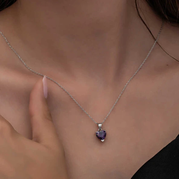 925 Ayar Gümüş Mor Taşlı Kalpli Kadın Kolye ürün görseli 1