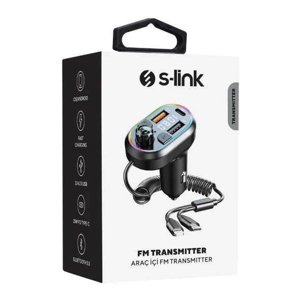 S-link SL-BT307 Çift USB 5V 3.1A/1A Led Işıklı Siyah 2 İn 1 C Port + İphone Bluetooth Fm Transmitter