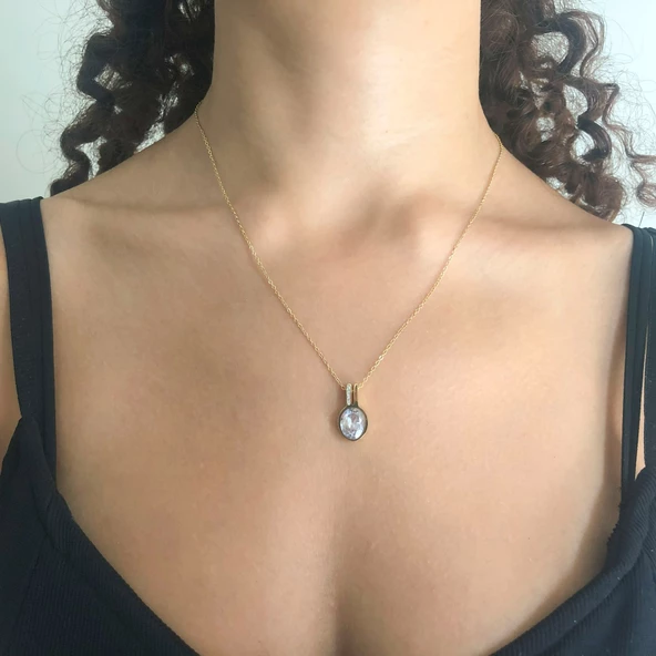 Altın Kaplama Yuvarlak Zirkon Taşlı Kolye KLY-522 - Resim 2