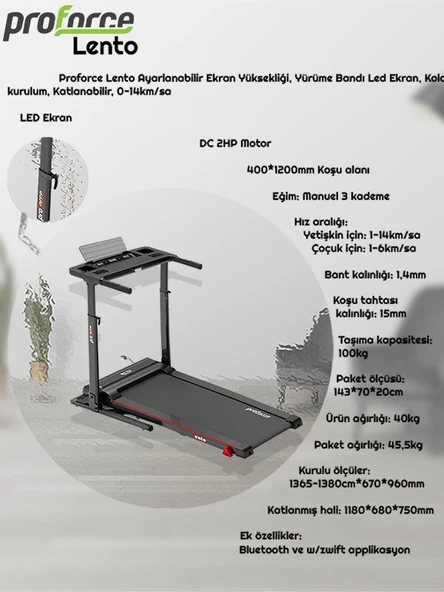 Proforce Lento Ayarlanabilir Yürüme Bandı Led Ekran, Kolay kurulum, Katlanabilir, 0-14km/sa
